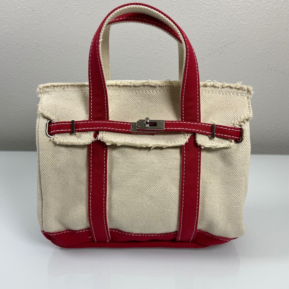 Sunwin Women Mini Cream Red Canvas Tote Bag NWOT Raw Edge Satchel Boatkin Style